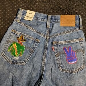 Levi's Ribcage Straight Ankle patches jeans waterless denim hi waist button fly